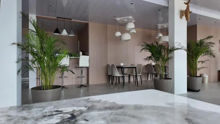 Lobby lounge with palms and pendant lights